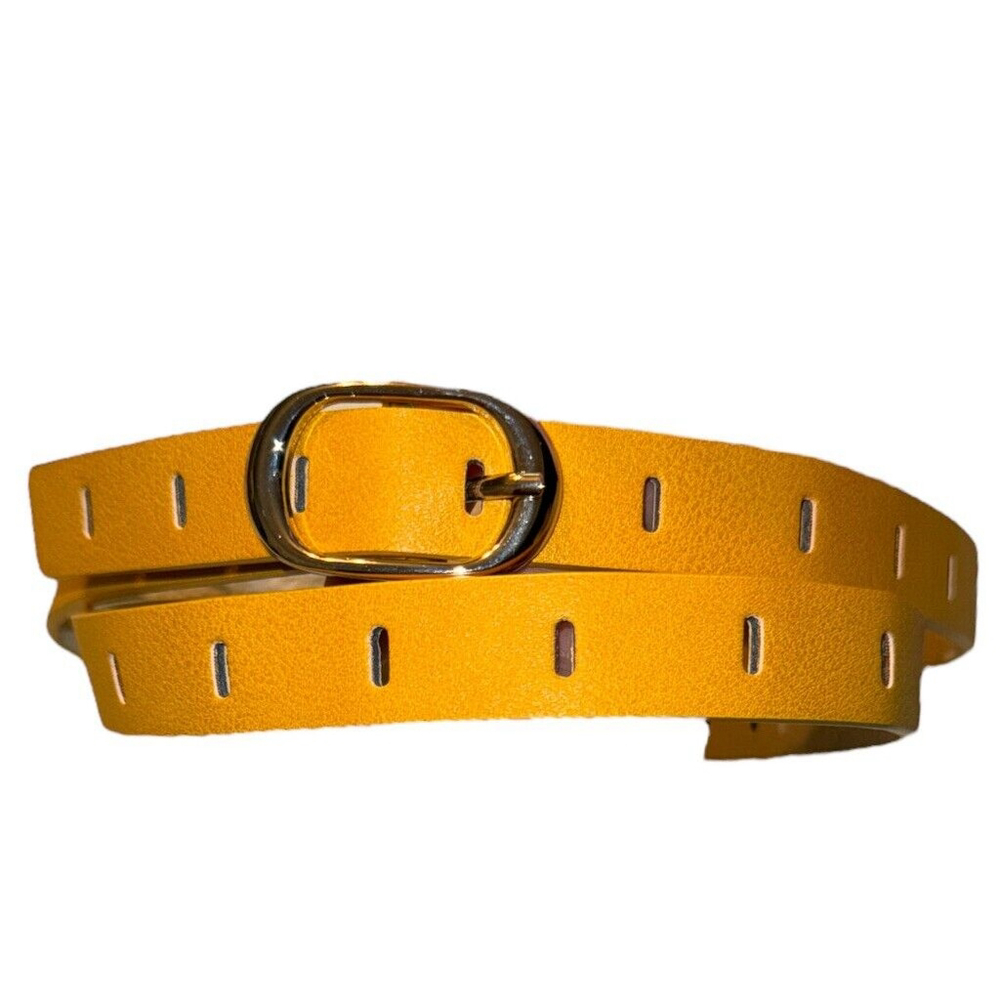 Leather Skinny Yellow Mustard Long Hole Leather Belt Brass Buckle 39”